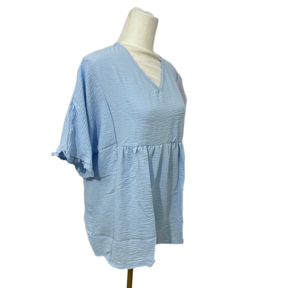 Textured Ruffle Gathered Boutique Top Short Sleeve V Neck Blouse in Coastal Blue - Picture 4 of 8